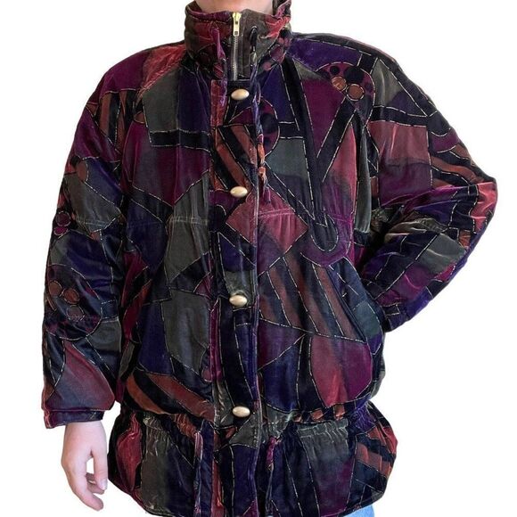 Vintage 80s Oversized Womens Velvet Jewel Toned Geometric Retro Ski Jacket Sz M - Picture 7 of 9
